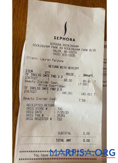 Blank Sephora store payment receipt example